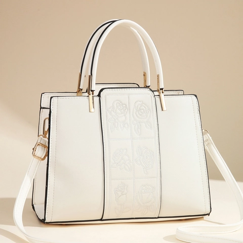Women PU Leather Handbag Elegant Rose Embroidery Top Handle Shoulder Bag With Detachable Strap For Wedding Daily Use