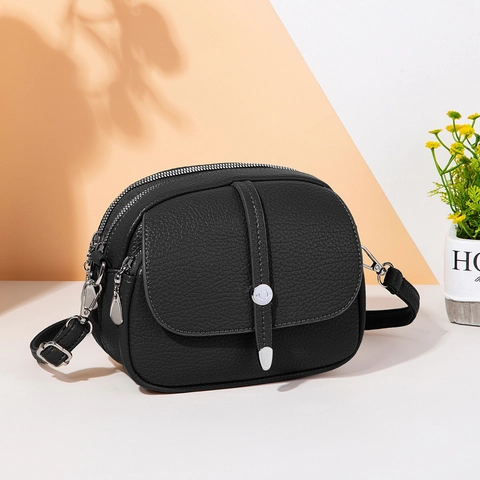 Women Shoulder Crossbody Bag PU Leather Litchi Pattern Multiple Zipper Pockets Solid Color Simple Urban Style Handbag