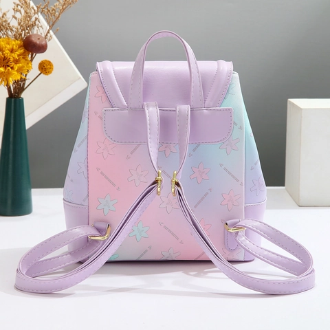 Women Fashion Backpack PU Leather Gradient Floral Print Drawstring Flap Small Casual Travel School Bag For Teen Girls