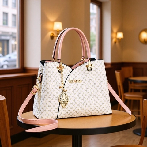 Vintage Women PU Leather Handbag Monogram Print Large Capacity Elegant Shoulder Bag With Leaf Pendant Artificial Pearl Decoration
