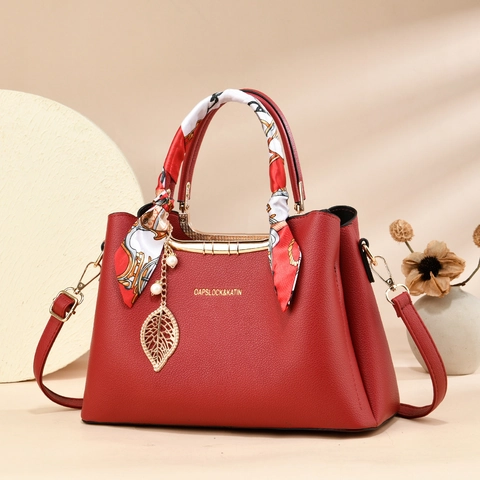 Women Tote Handbag Lychee Texture PU Leather Spacious Satin Scarf Handle Leaf Pendant Elegant Commuter Shoulder Bag