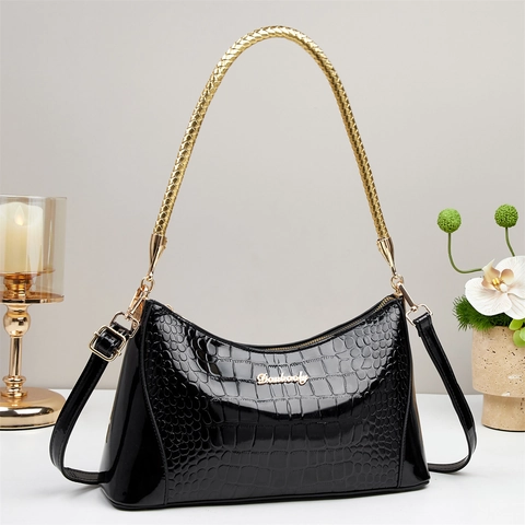 Borsa A Spalla Da Donna Motivo Coccodrillo Pelle PU Lucida Manico Intrecciato Dorato Borsa A Tracolla Elegante Moda