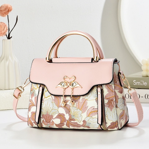 Bolso De Mano Bordado Floral Cuero PU Aleación Asa Metal Bolso Hombro Cruzado Hebilla Cisne Perla Artificial Elegante Para Mujeres