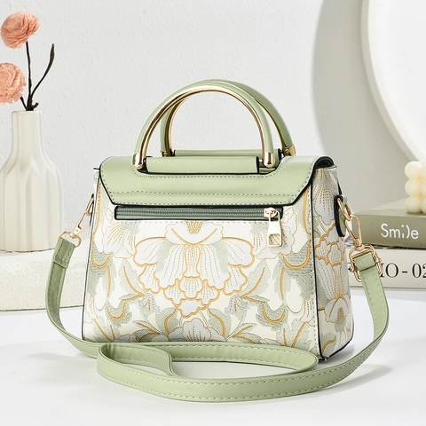 Bolso De Mano Bordado Floral Cuero PU Aleación Asa Metal Bolso Hombro Cruzado Hebilla Cisne Perla Artificial Elegante Para Mujeres