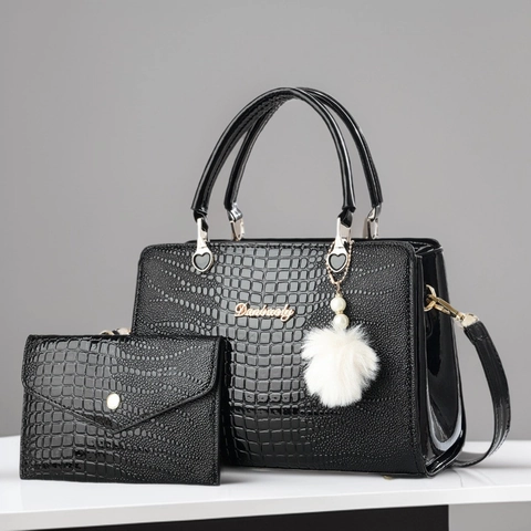 Sac À Main En Cuir PU À Motif Crocodile Et Pochette Assortie Grand Fourre-Tout Avec Pompon Femmes Affaires Élégant
