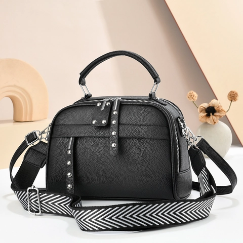 Litchi Grain PU Leather Women Handbag Crossbody Bag Multi-Layer Rivets Dual Zipper Large Capacity Commute Fashion Bag