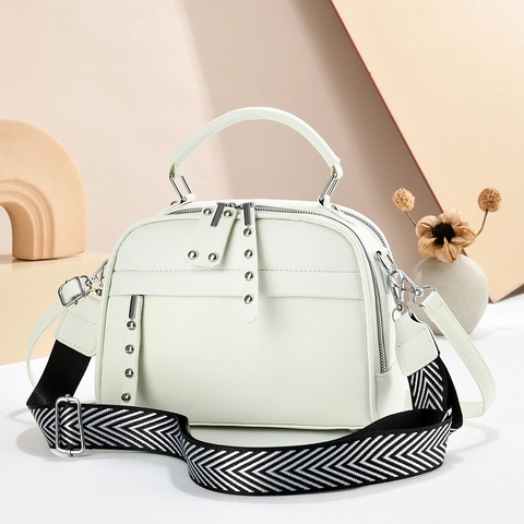 Litchi Grain PU Leather Women Handbag Crossbody Bag Multi-Layer Rivets Dual Zipper Large Capacity Commute Fashion Bag