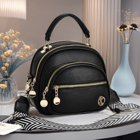 Women Shoulder Crossbody Bag PU Leather Litchi Pattern Multi Layer Zipper Wide Woven Strap Casual Fashion Handbag