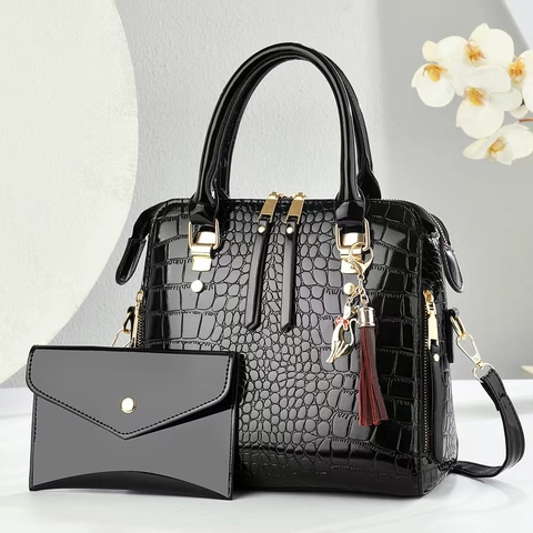 Krokodillenpatroon Glanzende PU-Leren Handtas En Envelop-Clutch Met Kwastjes-Kattenhanger Grote Capaciteit Schoudertas