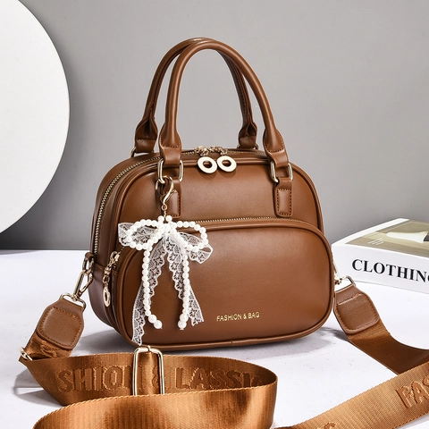 Women PU Leather Handbag Crossbody Bag With Artificial Pearl Lace Bow Charm And Wide Strap Double Compartment Square Bag
