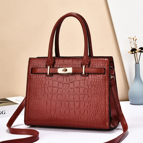 Women Handbag PU Leather Crocodile Litchi Pattern Structured Tote Strap Crossbody Shoulder Bag Capacity Gold Lock