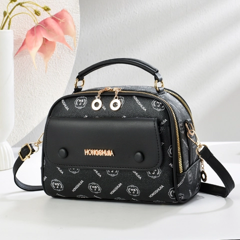 Vintage Women Handbag PU Leather Litchi Grain Elegant Shoulder Crossbody Bag Various Zip Compartments Daily Square Purse