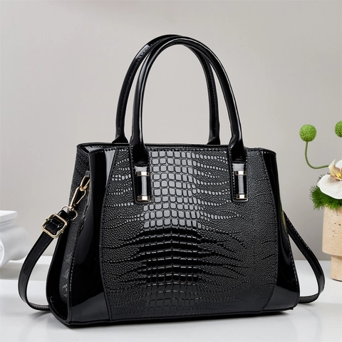Women Crocodile Pattern Glossy PU Leather Handbag Large Capacity Crossbody Shoulder Bag Gold Hardware Stylish Professional
