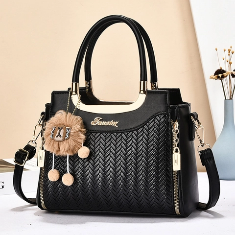 Damen Handtaschen PU Leder Gewebte Textur Große Kapazität Schulter Umhängetasche Retro Stil Goldene Hardware Mit Plüschanhänger