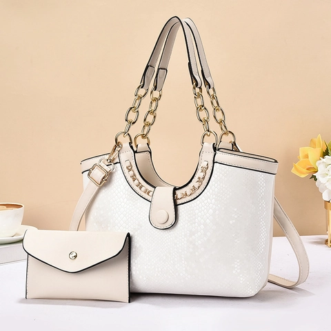 Women Tote Handbag And Pouch PU Leather Crocodile Pattern Chain Strap Large Capacity Shoulder Crossbody Minimalist