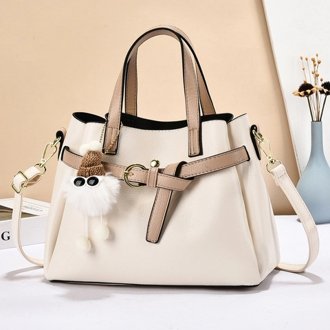 Lychee Grain PU Leather Handbag Crossbody Bag With Golden Hardware And Plush Monster Pendant For Women Chic Daily Use
