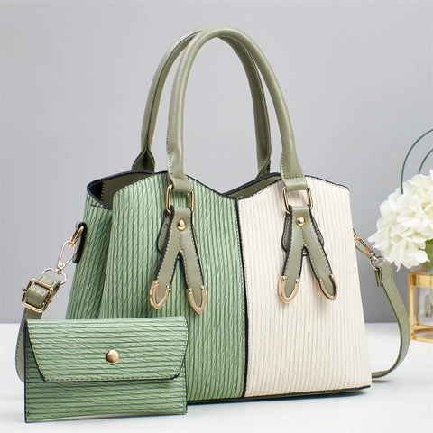 Set di Borse Tote Patchwork da Donna in Pelle PU Testurizzata Borsa a Mano Grande Capacità Tracolla Con Portafoglio