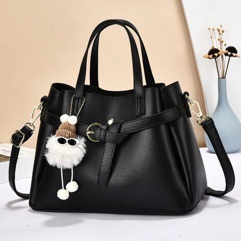 Lychee Grain PU Leather Handbag Crossbody Bag With Golden Hardware And Plush Monster Pendant For Women Chic Daily Use