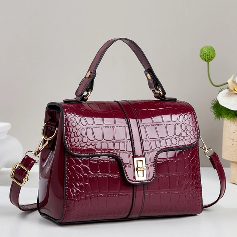 Damen Handtasche Krokodilmuster Lackleder PU Strukturierter Griff Schulter Umhängetasche Mit Goldverschluss Retro Fashion