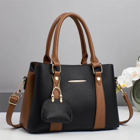 Bolso de Mano de Mujer de Cuero PU Patchwork de Bloque de Color de Moda Bolso de Hombro de Gran Capacidad Con Mini Bolso