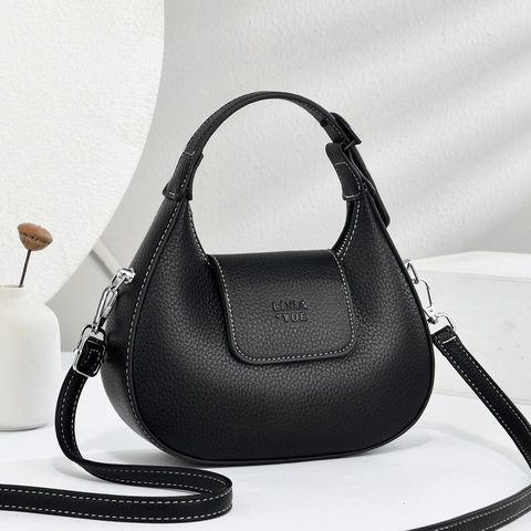 Borsa Hobo Da Donna In Pelle PU Grana Litchi Borsa A Spalla Mezzaluna Con Cuciture A Contrasto Tracolla Regolabile
