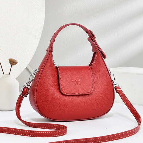 Borsa Hobo Da Donna In Pelle PU Grana Litchi Borsa A Spalla Mezzaluna Con Cuciture A Contrasto Tracolla Regolabile
