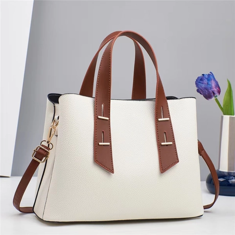 Women Fashion Handbag PU Lychee Pattern Leather Contrast Color Large Capacity Shoulder Tote Bag For Daily Commute