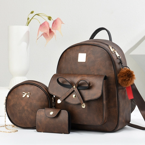 Dames PU Leren Rugzak Ronde Crossbody Tas En Kleine Portemonnee Strik Decor Pompon Hanger Retro Casual Straatstijl Lichtgewicht