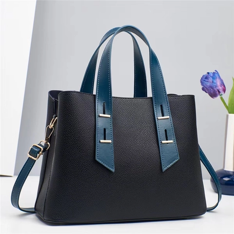 Women Fashion Handbag PU Lychee Pattern Leather Contrast Color Large Capacity Shoulder Tote Bag For Daily Commute