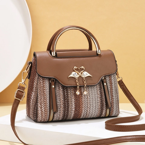Women PU Leather Woven Texture Handbag With Metal Handle Swan Buckle Artificial Pearl Decor Large Capacity Shoulder Crossbody Bag