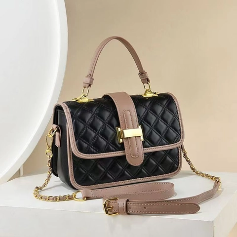 Bolso De Hombro Acolchado Para Mujer Cuero PU Color De Contraste Cadena De Rombos Bolso Cruzado Elegante