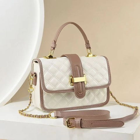 Bolso De Hombro Acolchado Para Mujer Cuero PU Color De Contraste Cadena De Rombos Bolso Cruzado Elegante