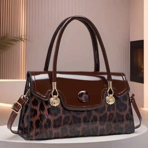 Leopard Print Patchwork Shoulder Bag Glossy PU Leather Handbag With Golden Shell Hardware Retro Fashion Women