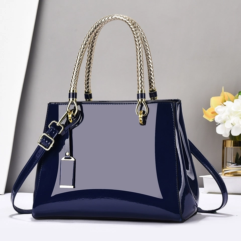 Patent Leather Handbag Women Large Capacity Glossy PU Tote Bag Braided Metal Handle Crossbody Shoulder Purse Fashion