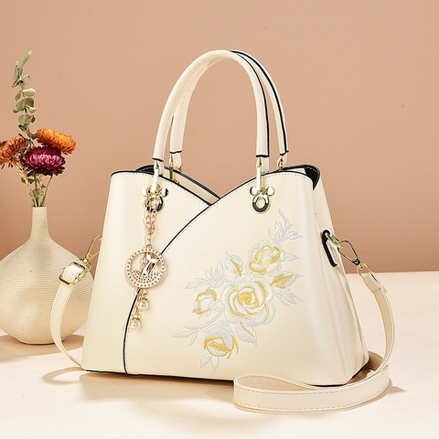 Sac Fourre Tout En Cuir PU Brodé Floral Grande Capacité Sac À Bandoulière Sangle Amovible Style Chinois Élégant Femmes