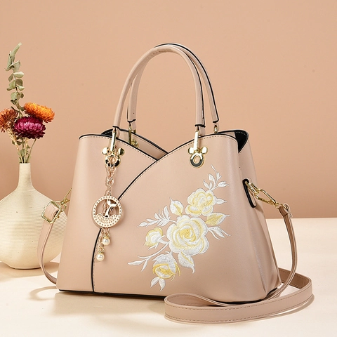 Sac Fourre Tout En Cuir PU Brodé Floral Grande Capacité Sac À Bandoulière Sangle Amovible Style Chinois Élégant Femmes