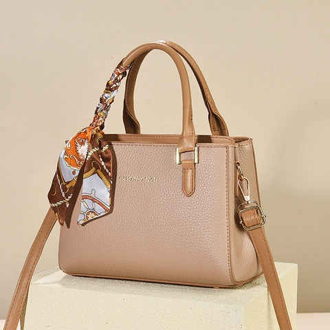 Elegante Borsa Da Donna Borsa A Tracolla Pelle PU Trama Lychee Con Sciarpa Di Raso Grande Capacità Tote