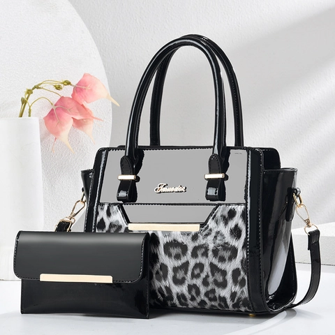 Glänzende PU Lackleder Handtasche Und Geldbörse Leopard Patchwork Große Kapazität Retro Tragetasche Für Damen