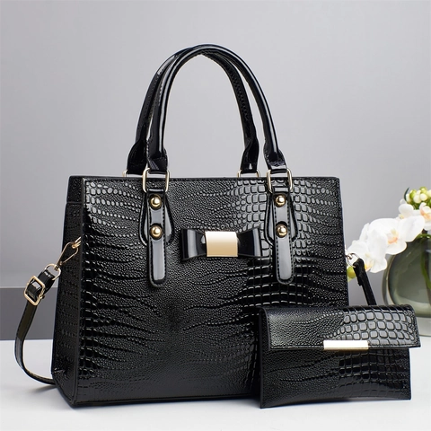 Sac Et Portefeuille Femmes Motif Crocodile Cuir PU Épaule Avec Nœud Matériel Doré Élégant Tote Crossbody