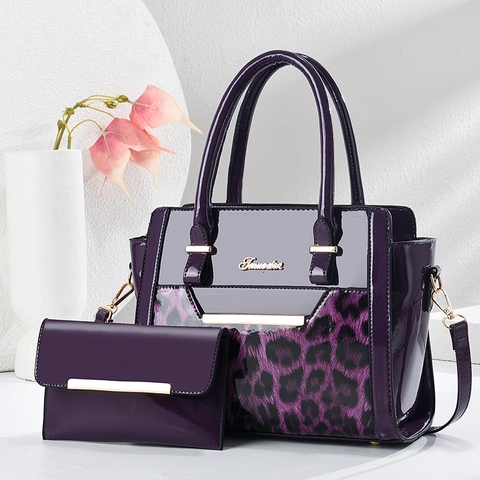 Glänzende PU Lackleder Handtasche Und Geldbörse Leopard Patchwork Große Kapazität Retro Tragetasche Für Damen