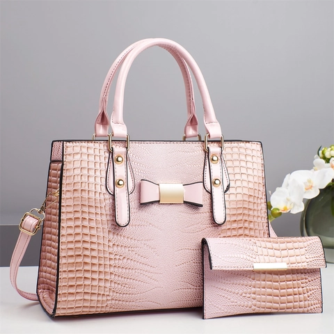 Sac Et Portefeuille Femmes Motif Crocodile Cuir PU Épaule Avec Nœud Matériel Doré Élégant Tote Crossbody