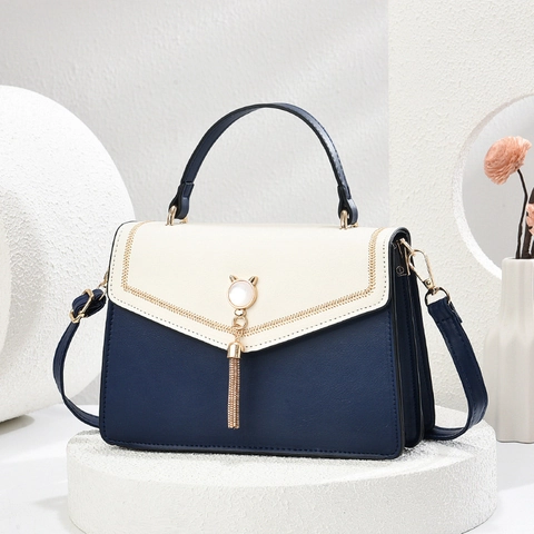 Women Shoulder Bag Color Block PU Leather Small Square Handbag With Metal Tassel Cat Decor Top Handle Crossbody Purse