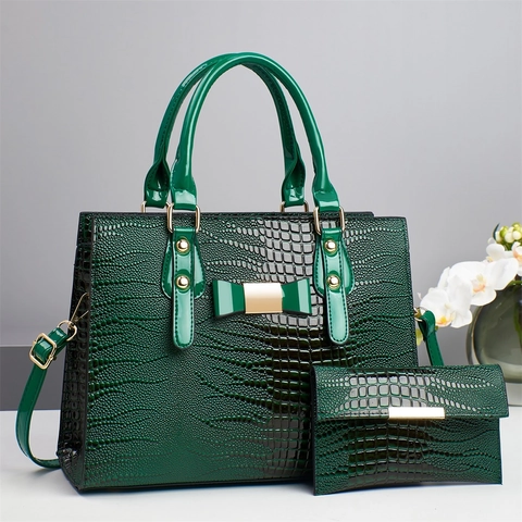 Women Glossy PU Leather Crocodile Pattern Handbag And Wallet Bow Decor Large Capacity Tote With Detachable Shoulder Strap