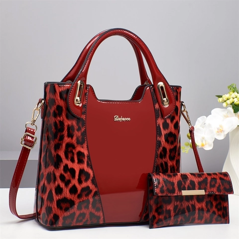 Bolso Y Cartera Con Estampado De Leopardo En Cuero De Patente Bolso De Hombro Grande Para Mujer Brillante