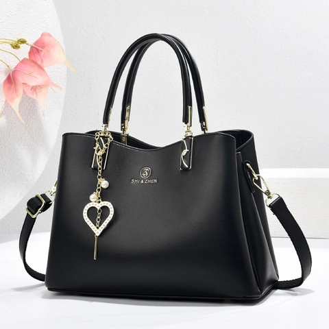 Women Handbag PU Leather Tote Crossbody Bag With Heart Artificial Pearl Pendant Gold Hardware Elegant Large Capacity Shoulder Purse