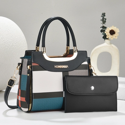 Sac à Main et Portefeuille pour Femmes à Carreaux Color Block Mode en Cuir PU Sac à Bandoulière de Grande Capacité