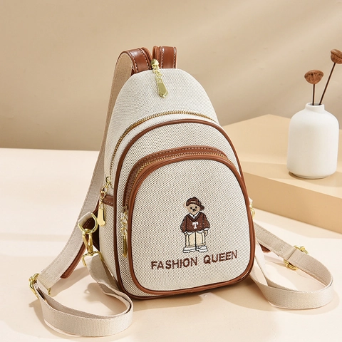 Mini Mochila De Lona Mujer Ribete Cuero Bordado Oso Bolso De Pecho Casual Multi Bolsillo Bandolera Viaje Escuela