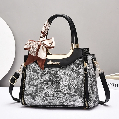 Borsa A Mano Da Donna Borsa A Spalla Pelle PU Jacquard Floreale Grande Capacità Retrò Elegante Street Style Con Foulard
