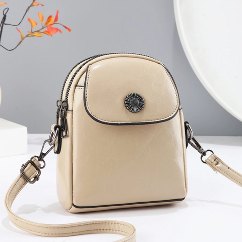 Women Vintage Oil Wax PU Leather Crossbody Phone Bag Sunflower Metal Decor Dual Zipper Small Shoulder Handbag Casual