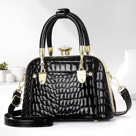 Sac À Main Femme Motif Crocodile Cuir PU Sac Docteur Avec Fermoir En Cristal Sac Bandoulière Élégant